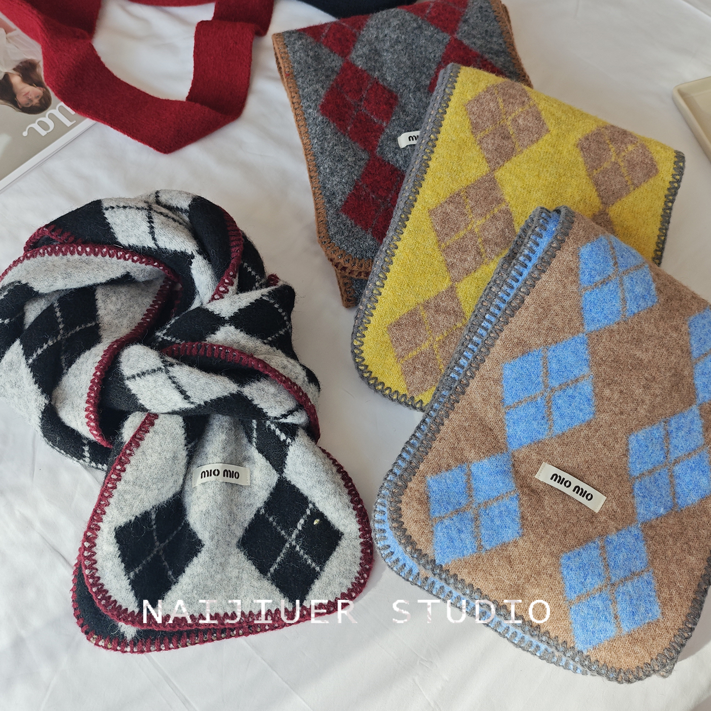 氛围感软糯菱形格子针织毛线围巾女2025秋冬季加厚百搭护颈小围脖 氛围感软糯菱形格子针织毛线围巾女2025秋冬季加厚百搭护颈小围脖