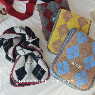 氛围感软糯菱形格子针织毛线围巾女2025秋冬季加厚百搭护颈小围脖