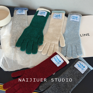 韩国2025秋冬天ins博主同款加长手套毛线针织可触屏布标加厚保暖