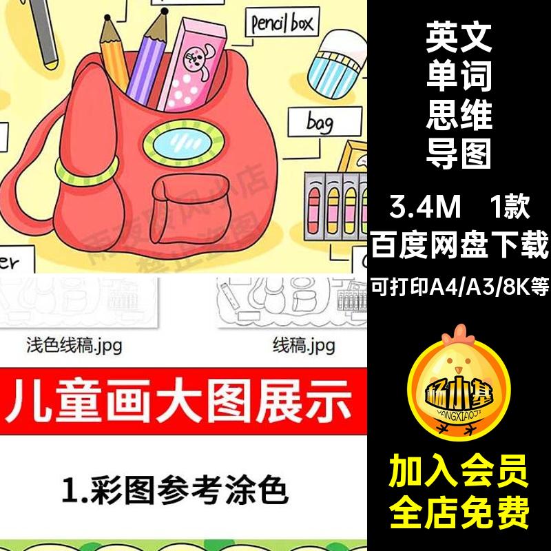 My Schoolbag英语手抄报小学生我的书包文具英文单词思维导图模板