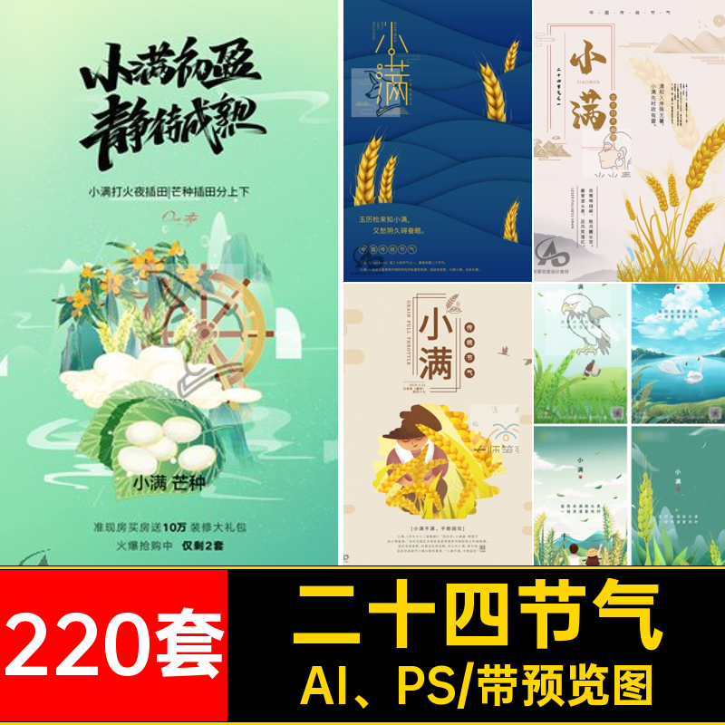 220套二十四节气创意小满节日宣传地产模版PSD插画海报AI PS24
