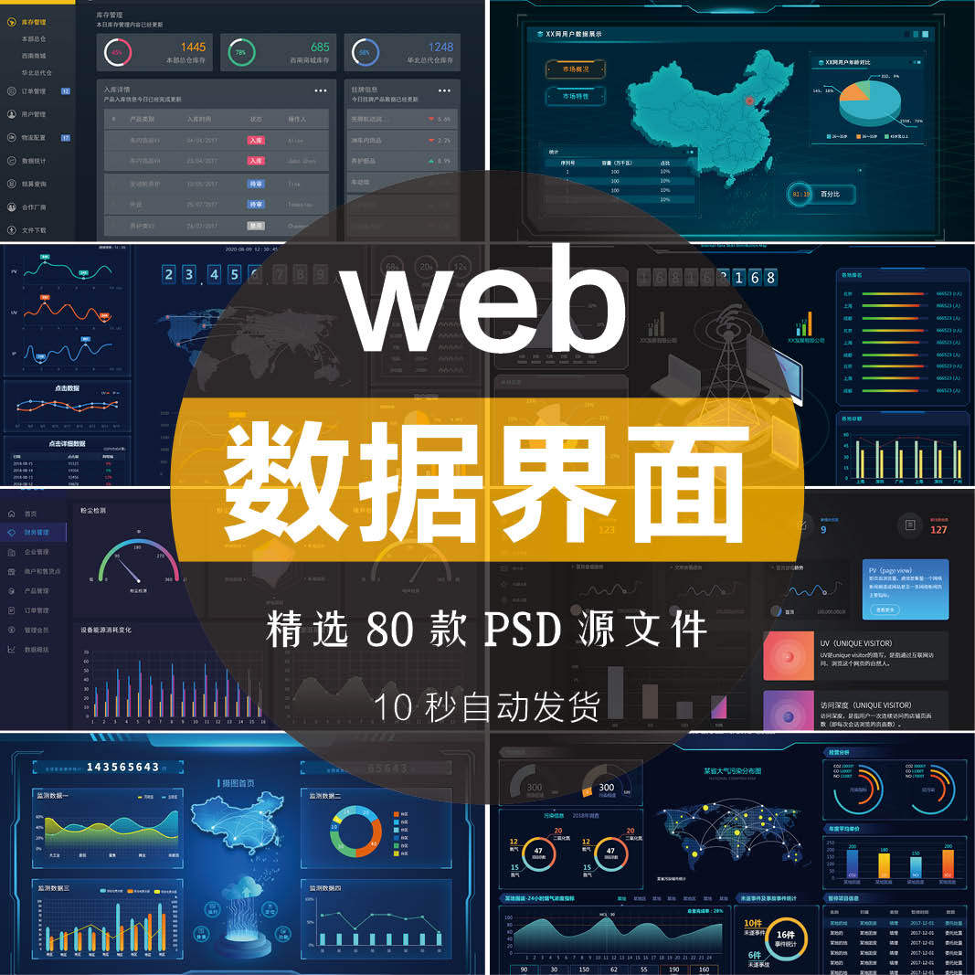 创意蓝色商务互联网ui设计后台大数据库监控可视化web界面psd模板