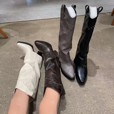 一点五隐形增高14CM女士长靴真皮高跟鞋子经典百搭西部靴