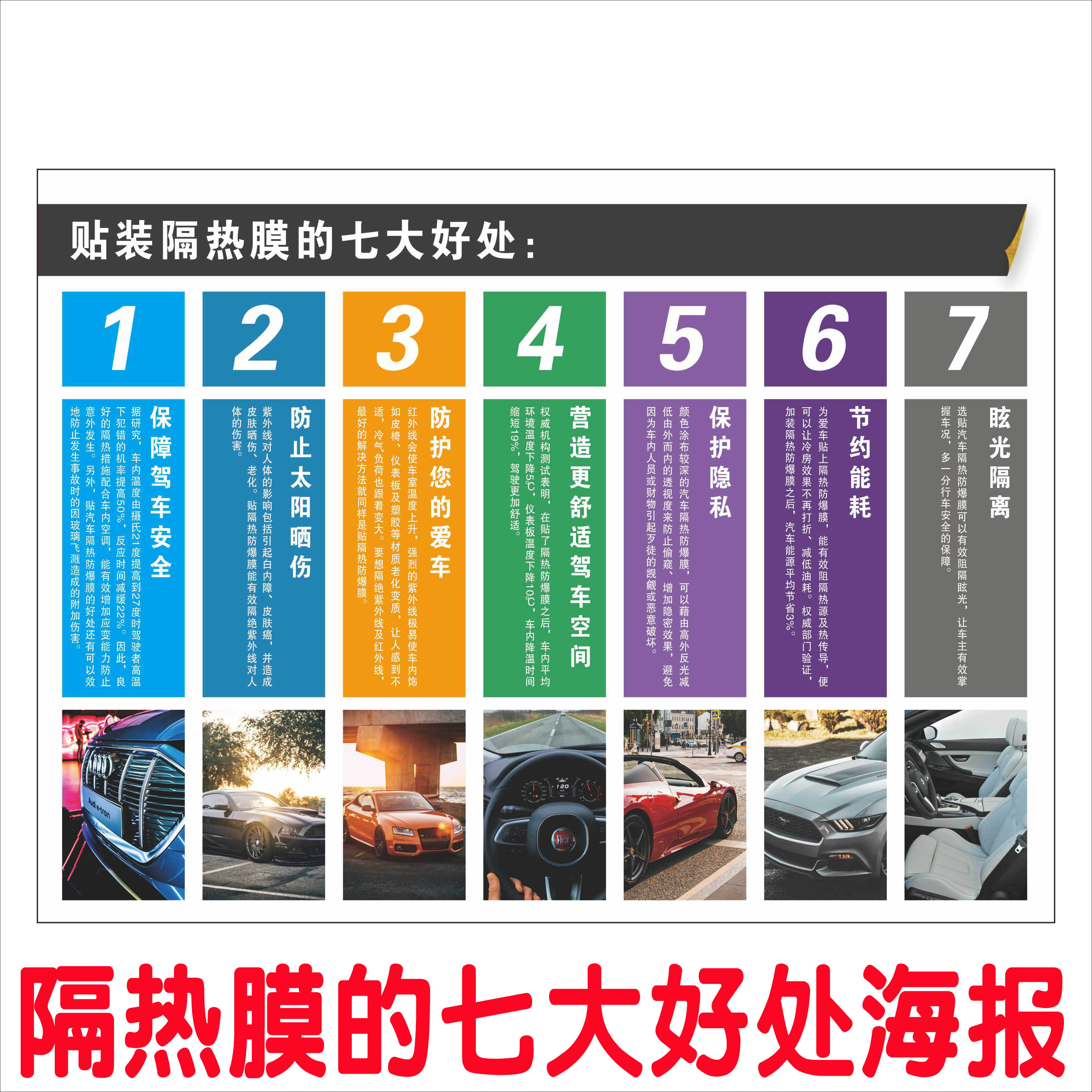 汽修店汽车贴膜美容维修贴装隔热膜的七大好处优势广告宣传海报画