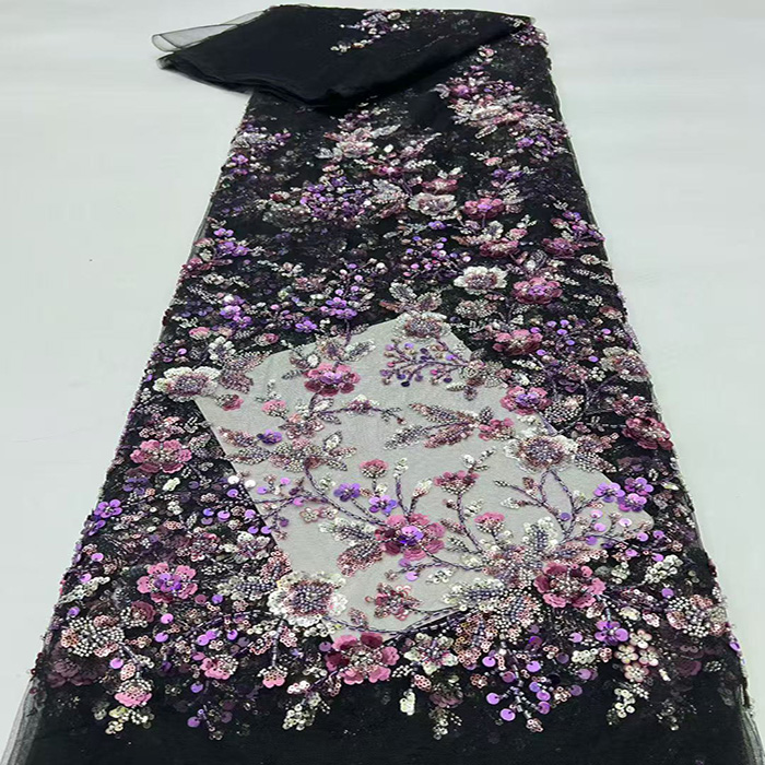 重工珠管绣精致亮片绣花布网纱蕾丝高定婚纱礼服面料beads lace