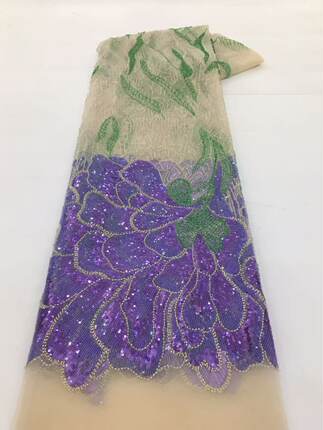 重工彩片珠管绣亮片绣蕾丝绣花网纱布料晚礼服婚纱面料lace