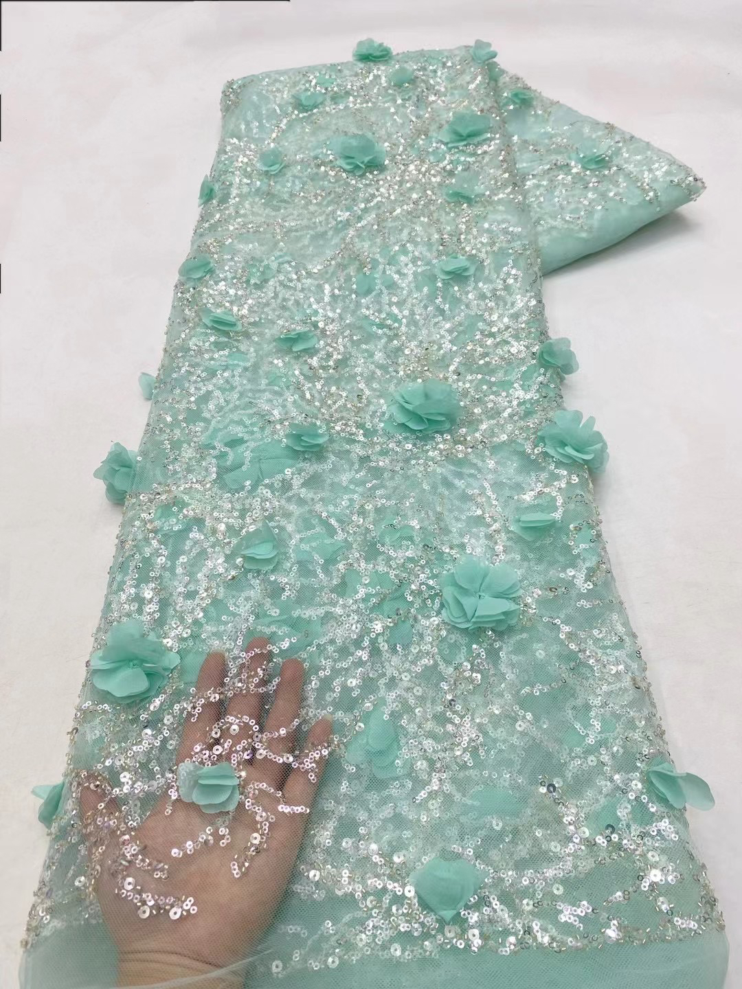 新款八色3d撒洒金粉亮片珠管婚纱面料晚礼服辅料立体花边lace