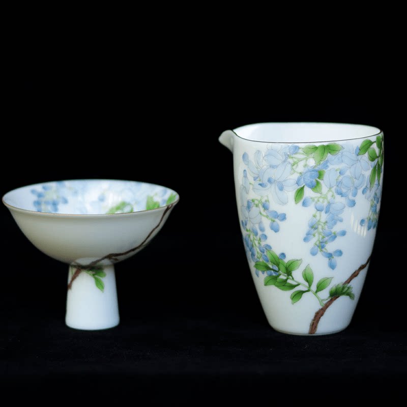 紫袖 手绘紫藤甜白釉公道杯画瓷的武才人