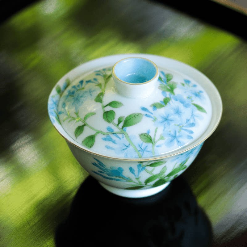 那年夏天 手绘蓝雪花 景德镇盖碗 画瓷的武才人