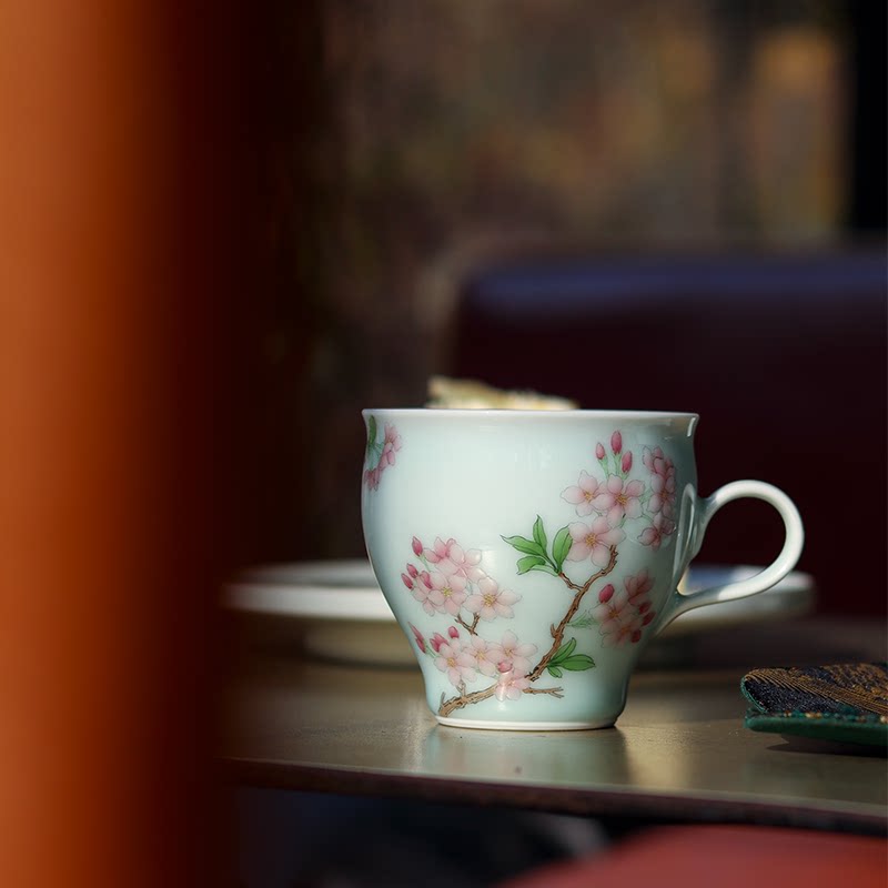 重逢 手绘釉上彩樱花 手工拉坯影青釉色咖啡杯