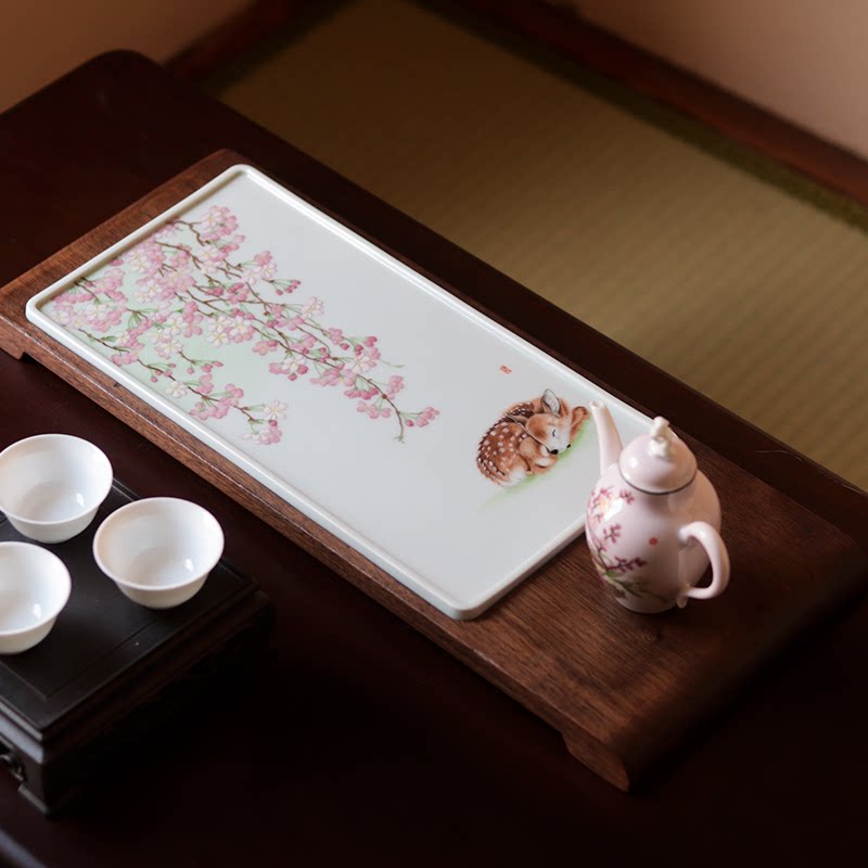 一梦如是 原创设计 景德镇手绘 垂樱小鹿瓷盘 黑胡桃木托壶承
