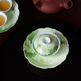 茶盘 采莲曲 工笔绿釉白莲花 花口盖碗 壶承