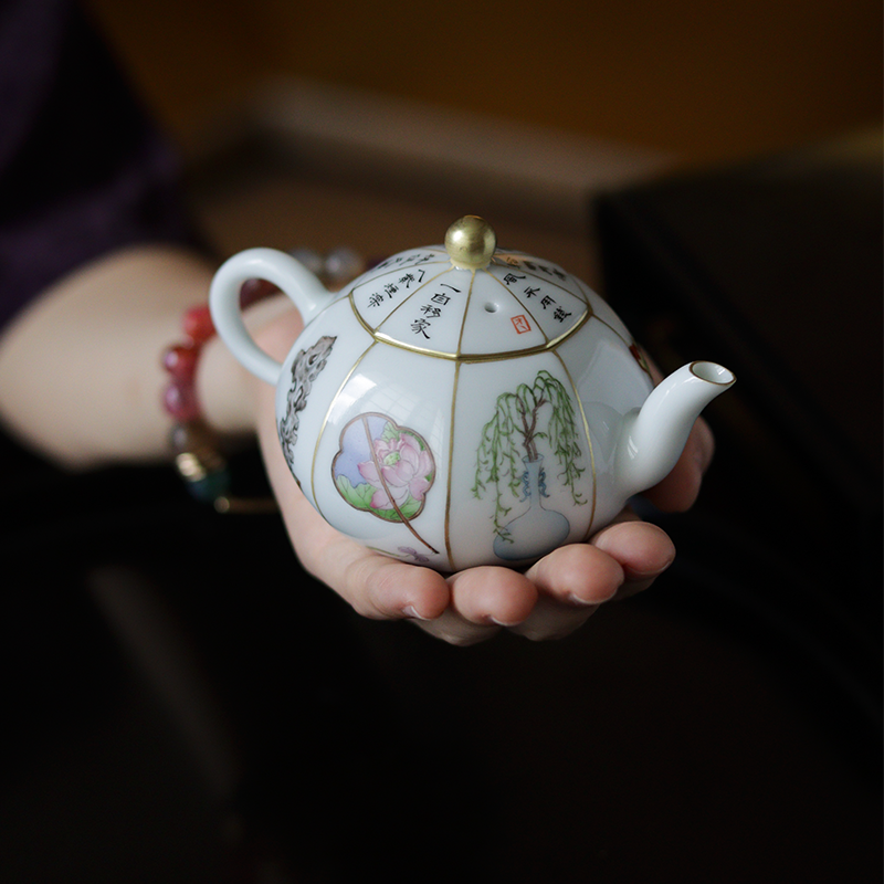 风物诗 釉上彩手绘描金 雅物 诗词 八角茶壶,餐饮具,茶壶,淘宝优惠券,粉丝福利购,淘宝优惠卷