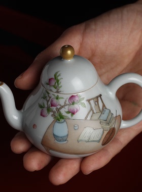 一人静 景德镇手绘小梨壶 独饮对饮小茶壶画瓷的武才人