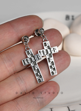david定制S925纯银十字架做旧个性情侣耳环 女款ins网红推荐耳钉