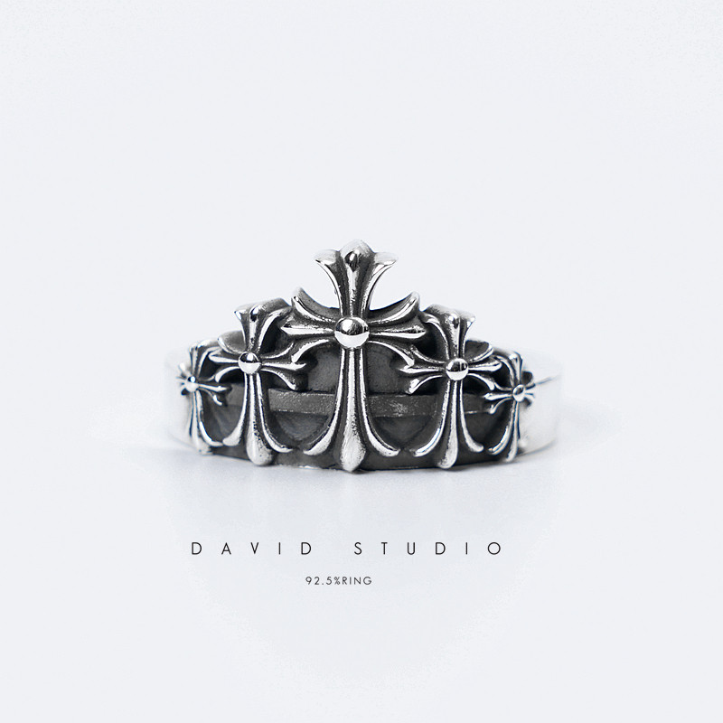 新款David studio925纯银 重叠十字架墓葬做旧小戒指 男女款指环