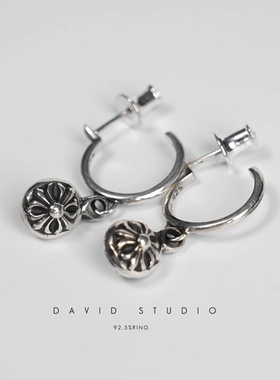 david 定制S925纯银十字架女款实心做旧潮流耳钉 耳坠 情侣耳饰