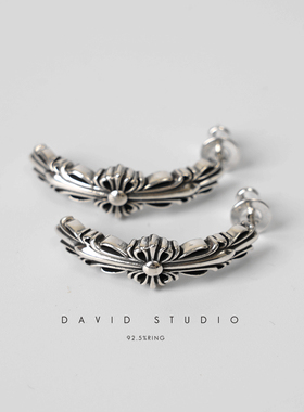 David studio925纯银 十字架 做旧复古手工耳钉 耳环坠 silver 女