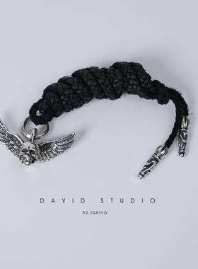 David studio925纯银骷髅翅膀小皮绳 真皮 摇滚做旧男女潮项链坠