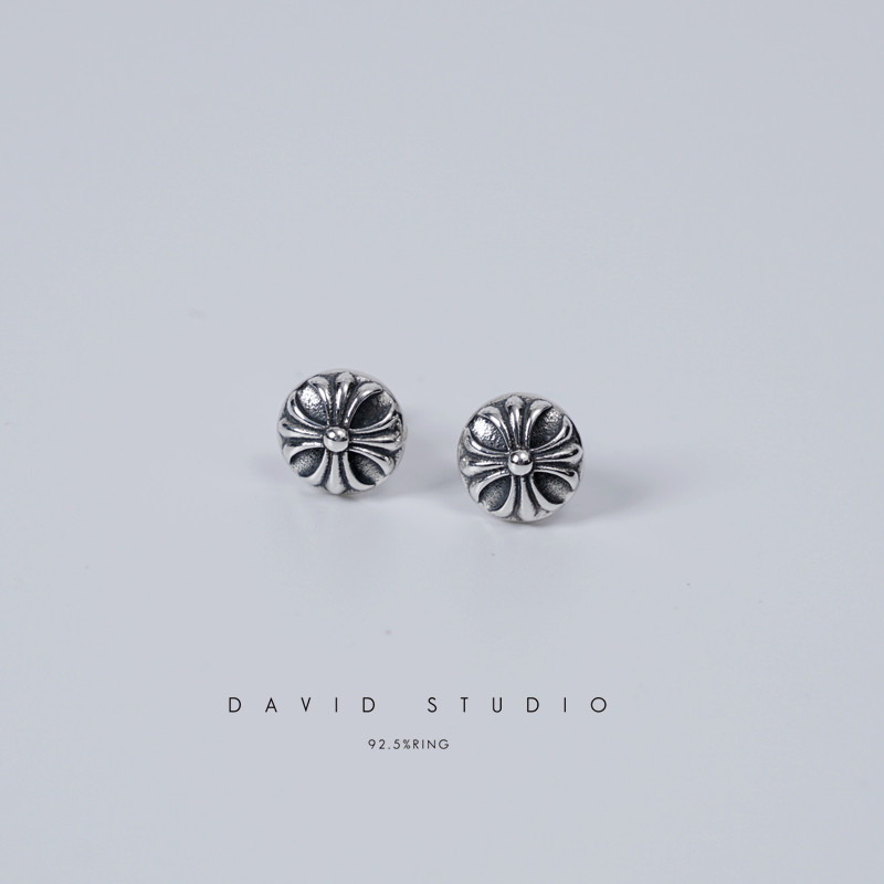 David studio925纯银 圆圈十字花经典 男女同款耳环耳钉耳坠做旧