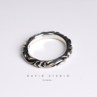 女款 INS推荐 食指指环 定制S925纯银熏花做旧刻字情侣对戒 david