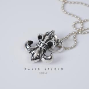 David studio925纯银船锚童军花吊坠圆珠项链经典朋克做旧情侣款
