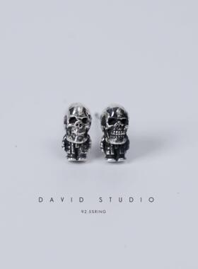 David studio925纯银骷髅小矮人中号耳钉朋克机车DJ同款男女同款