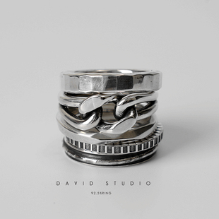 新款David925纯银做旧暗黑五环扣做旧肌理werkstatt munchen戒指