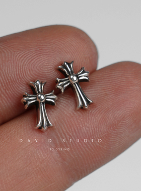 david 复古S925纯银十字架情侣男款潮流耳钉 女款做旧纯银耳钉