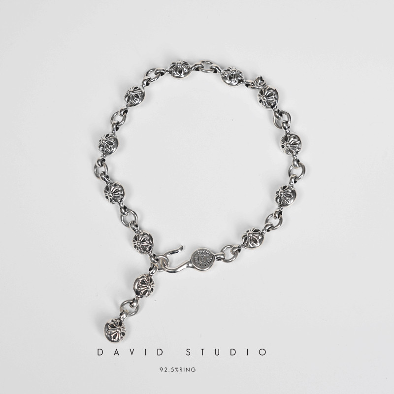 david S925纯银十字架情侣网红ins推荐手链 情侣男女款做旧手环