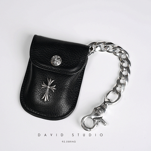david 鑰匙包 十字架汽車鑰匙扣包 定制S925純銀鏈真牛皮按扣個性