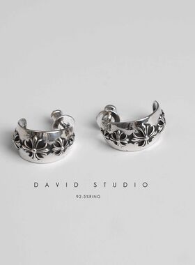 david定制S925纯银半圈十字架大号耳钉 情侣做旧朋克耳圈 耳饰