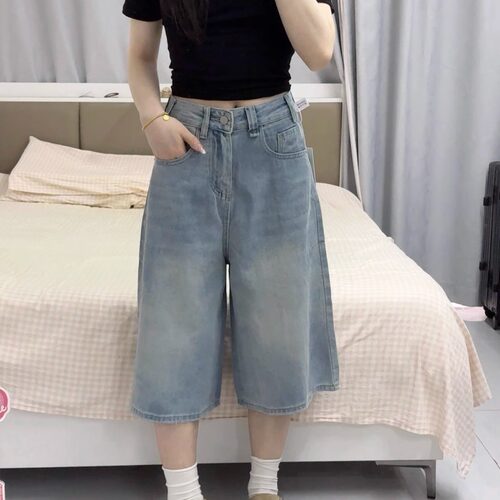 夏季七分牛仔裤阔腿裤女