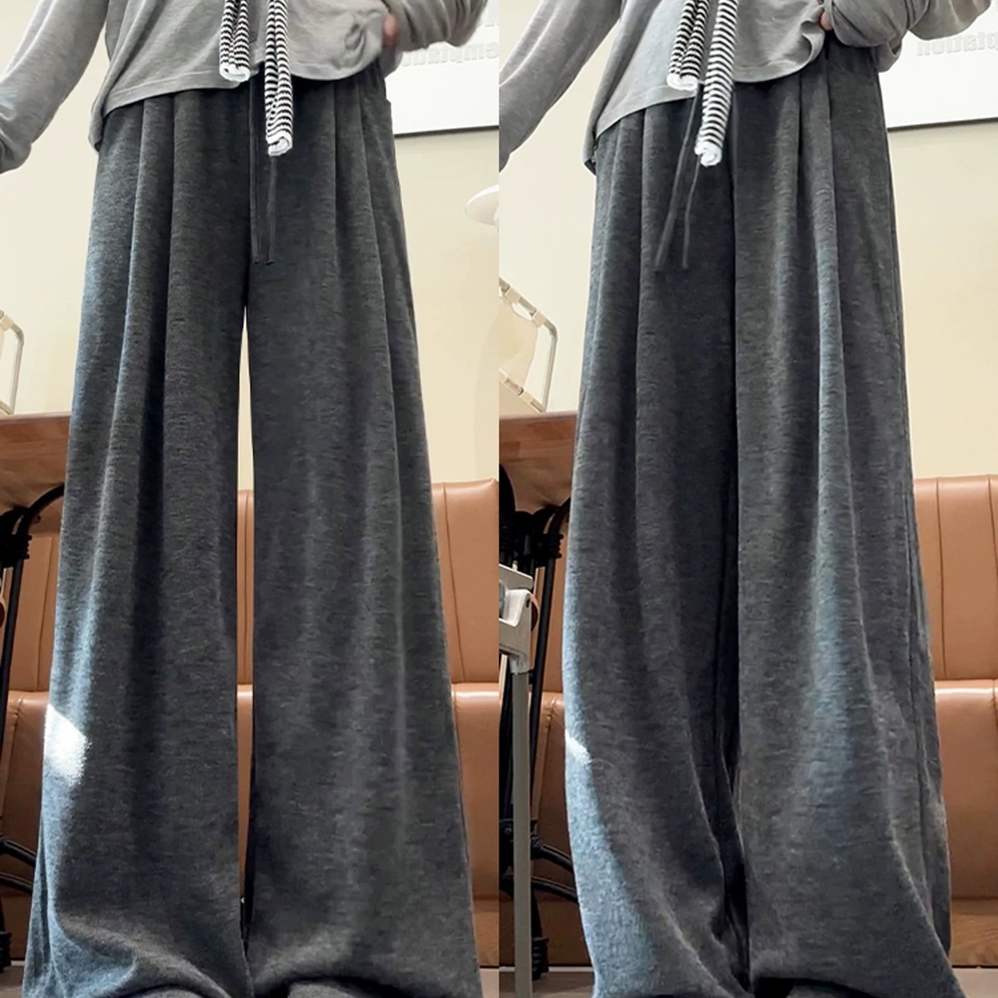 灰色加绒高腰直筒休闲裤