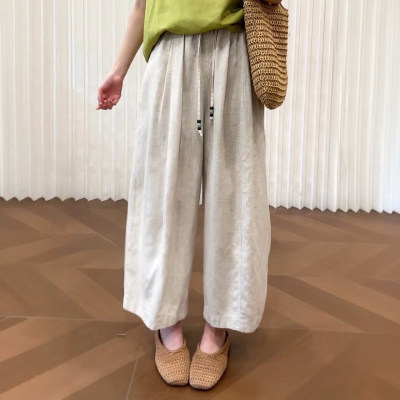 老钱风莱赛尔天丝凉感亚麻九分裤女夏季薄款胖mm显瘦休闲阔腿裤子