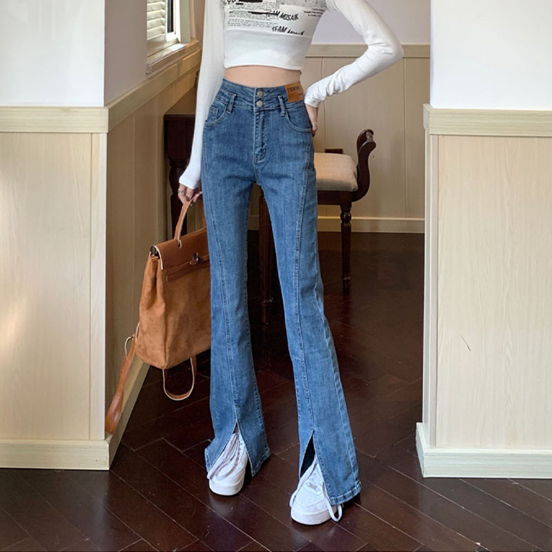 大码高腰前开叉牛仔裤女2022新款胖妹妹弹力显瘦微喇梨形身材裤子