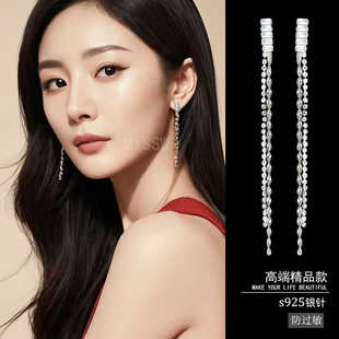 气质银色长款小流苏耳环2024新款爆款高级感耳钉女适合方脸的耳饰
