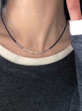 碎银子青金石项链女日韩风格渐变蓝色串珠锁骨链项链配饰女配饰