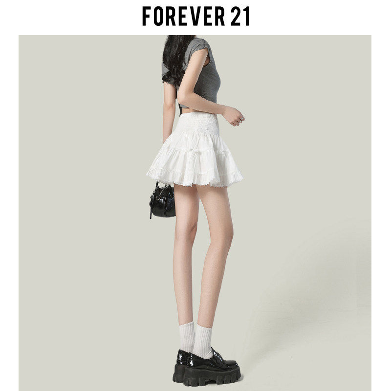 Forever21法式甜美蝴蝶结蓬蓬半身裙女白色A字高腰防走光蛋糕短裙