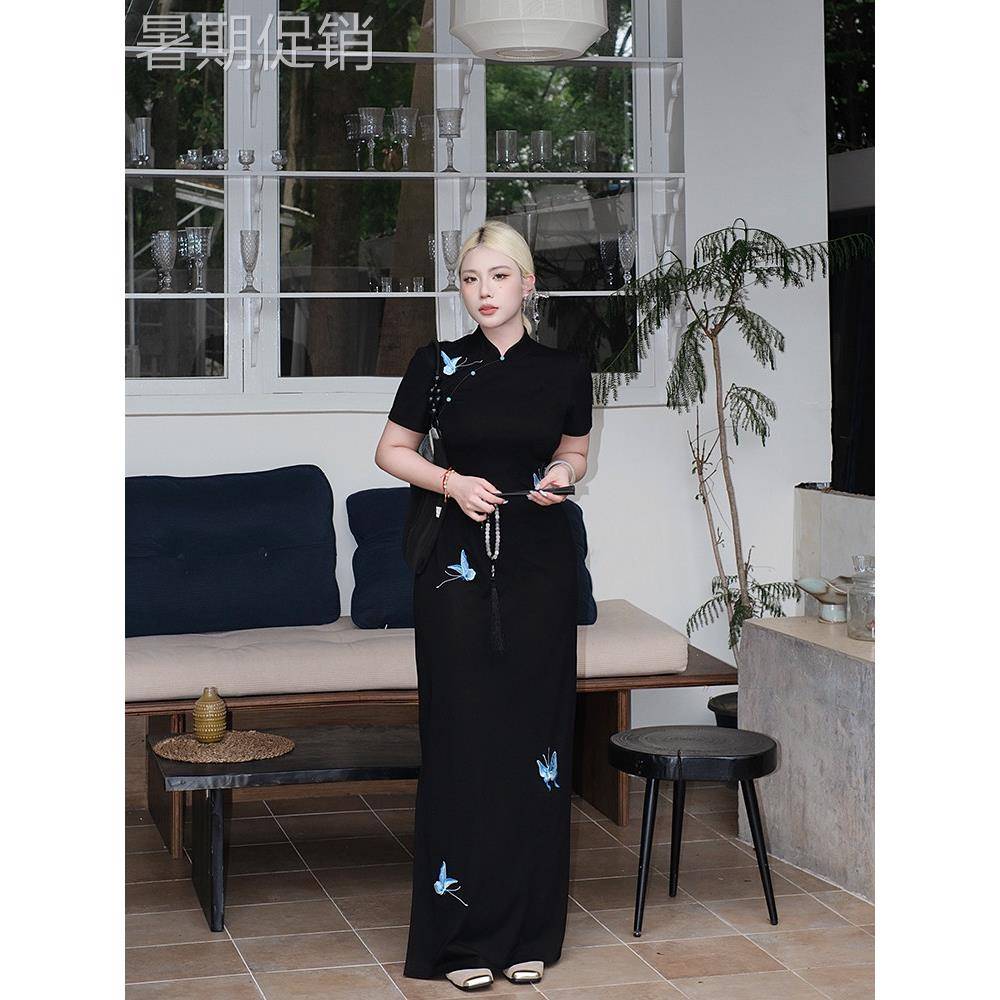 诺米子[无背蝴蝶]新中式服装女式夏装改良绣花旗袍青年修身长裙