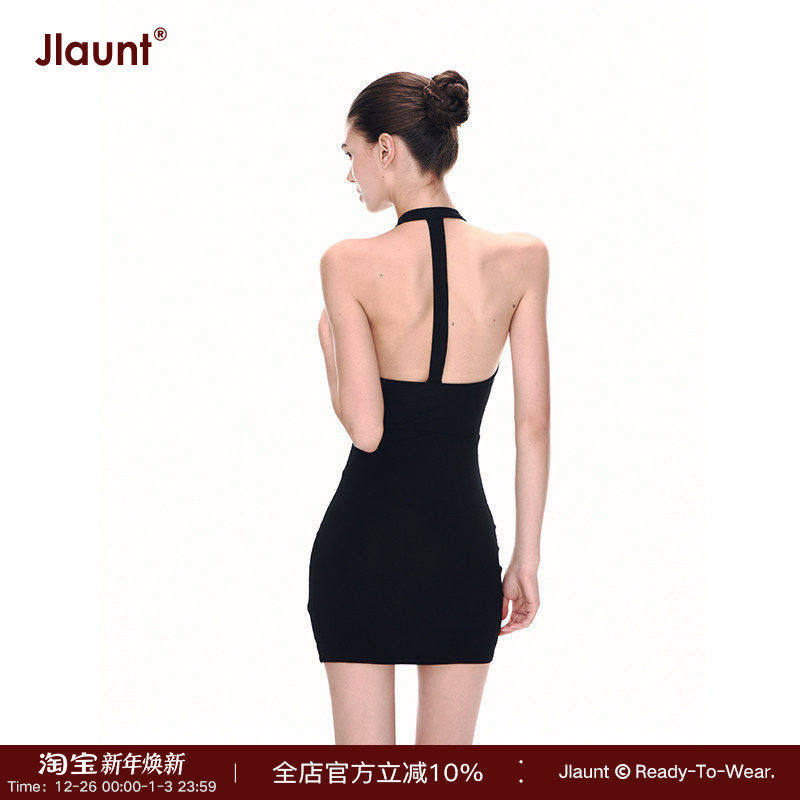 JLAUNT 黑色挂脖连衣裙女夏性感修身收腰包臀裙高级感辣妹短裙子