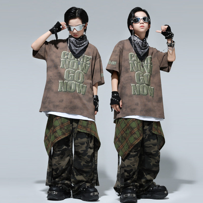 儿童街舞潮服男女童嘻哈短袖迷彩裤套装少儿hiphop演出服炸街