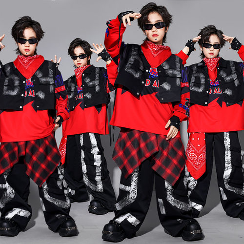 元旦儿童嘻哈红色街舞演出服男童马甲套装少儿hiphop服装男孩潮装