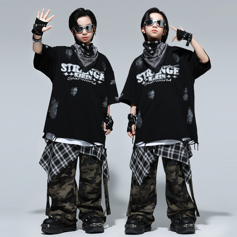 街舞儿童潮服hiphop潮牌宽松T恤男女童嘻哈风演出服少儿表演服装