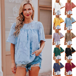2022 summer shirt bell sleeve babydoll lace hollow top women