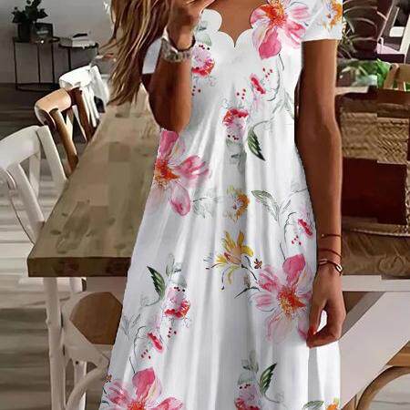 Printed wave neck short sleeved dress 印花波浪领短袖连衣裙女