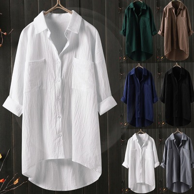 2020 solid color shirt cotton linen cardigan long sleeve top