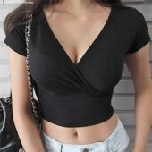 纯色V领性感露脐T恤女 crop neck shirt sexy women top for