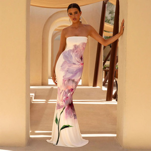 dress Printed 印花抹胸包臀连衣裙女 hugging hip strapless and