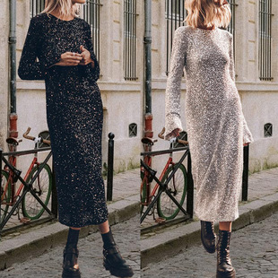 neck 连衣裙 Solid round dress 纯色圆领长袖 sleeved color long